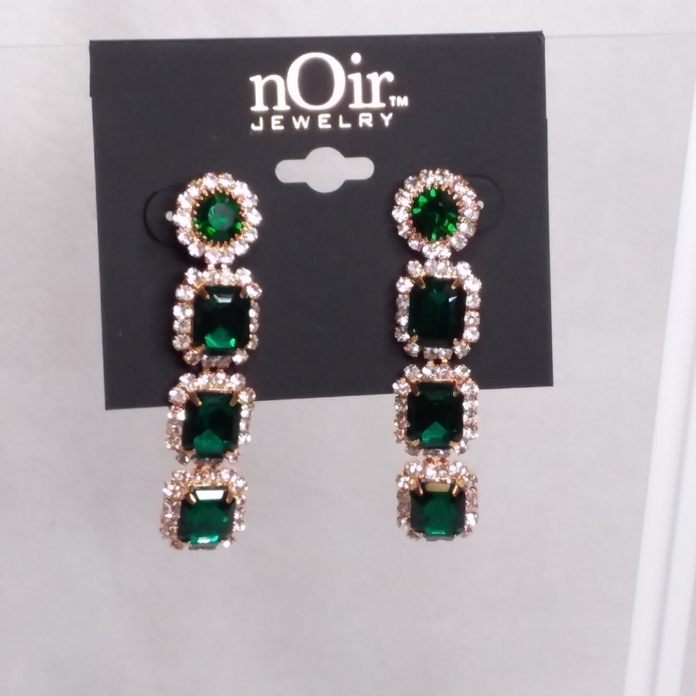 Dangle Pierce Earrings Gold Tone Green Noir